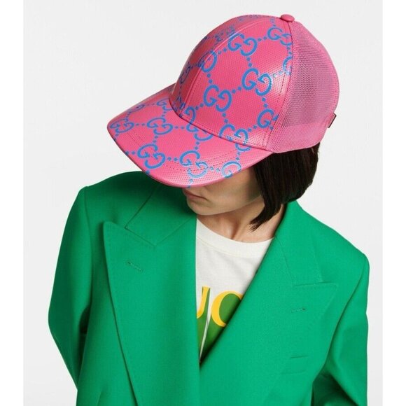 NWT Gucci - GG leather baseball cap PINK BLUE GG Size M 100% Authentic main image 8